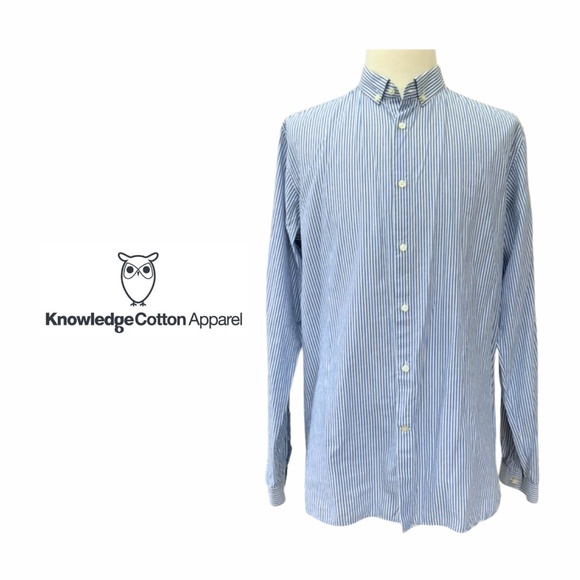 Knowledge Cotton Apparel | Men’s Blue Stripe Organic Cotton Shirt Size L - Picture 1 of 12